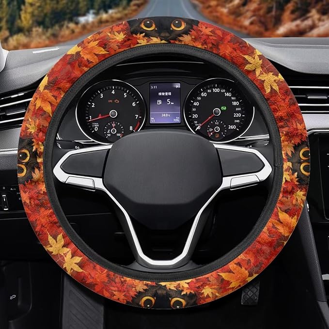 AFPANQZ Maple Leaf Car Steering Wheel Cover Sweat Absorption Safe Driving | Fall Decor, Universal 14-15 inch Stretch-on Fabric, Keep Safe Steering Wheel Protector for Women