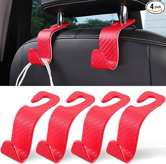 LivTee Car Purse Hook, Headrest Hook for Car, 4 Pack Universal Auto Car Seat Headrest Hook Hangers Organizer for Purse Coat Umbrellas Grocery Bags Handbag, Car Accessories - Carbon Fiber Red