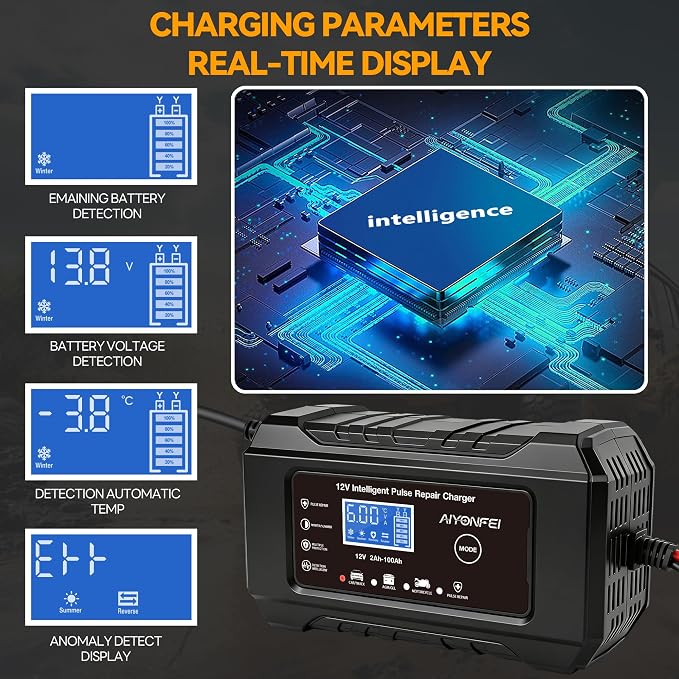 6A 12V Car Battery Charger Smart Maintainer Trickle Charger, Black | Smart Battery Desulfator, Temperature Compensation, for Car Truck Motorcycle, Lawn Mower Marine