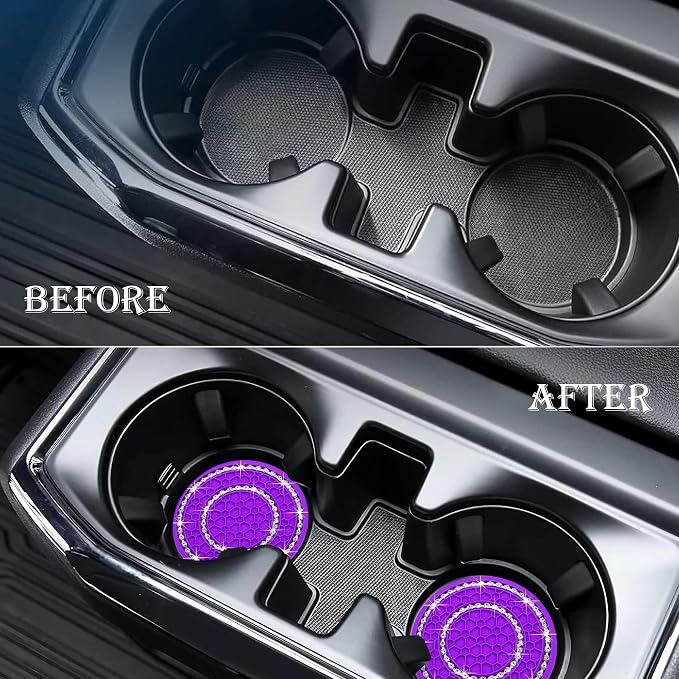 4PCS Bling Crystal Rhinestone Cup Holder Coaster, 2.75 inch Soft Silicone Anti-Slip Shockproof, Car Cup Holder Insert Coasters, Universal Car Interior Accessories for Women (Purple & White)