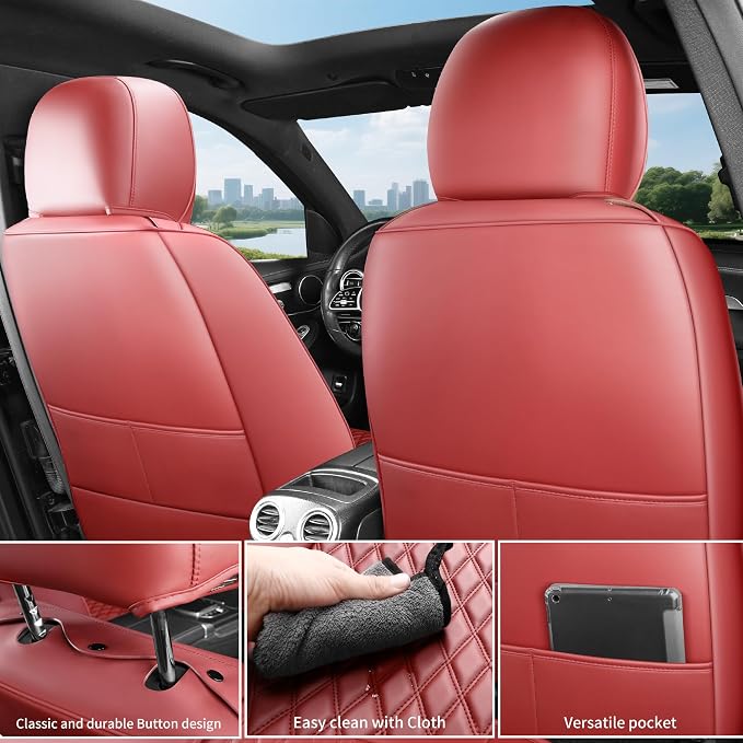 Red High-Density Nappa Leather Automotive Car Seat Covers Full Set | Univerasal Precision Fit,3D Contoured,Waterproof,ThickTexture Nappa Leather,for most Suvs Trucks Sedans