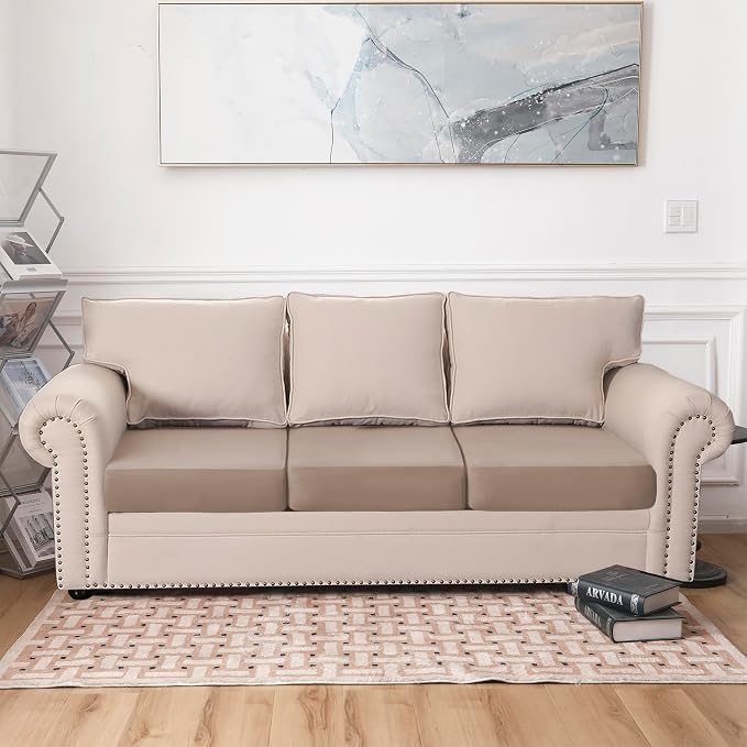 100% Waterproof Couch Cushion Covers, Replacement Sofa Cushion Covers, Stretch Individual Sofa Seat Cushion Slipcovers Furniture Protector for Kids Pets (3-Piece Sofa Cushion Cover, Camel)