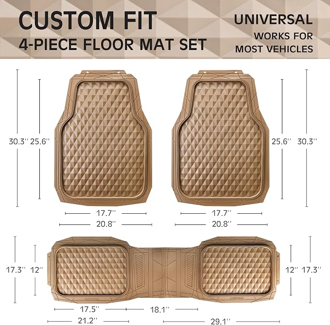 CAR PASS Heavy Duty Rubber Car Mats, Deep Dish All-Weather Floor Mat for Car Full Set Durable Anti-Slip 3D Rhombus Waterproof Trim to Fit Liner Universal Fit Automotive,Sedan,SUV,Truck, 3 Piece Beige