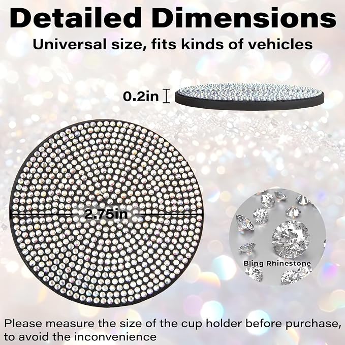 BFXM 4 PCS Bling Cup Holder Coaster, 2.75 inch Diamond Universal Non-Slip Silicone Cup Holder Coasters, Sparkly Bling Car Accessories for Women (Colorful)