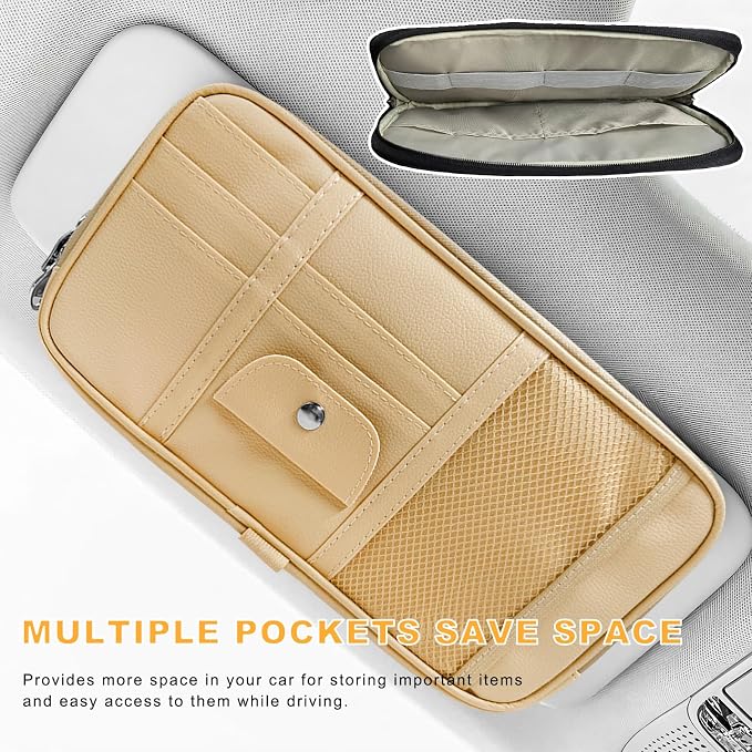 Car Sun Visor Organizer, Multi-Pocket Leather Auto Storage Pouch with Glasses Clip & Zippers, Multifunctional Sun Visor Storage Bag Ticket Organizer for Cars Trucks SUVs (Beige)