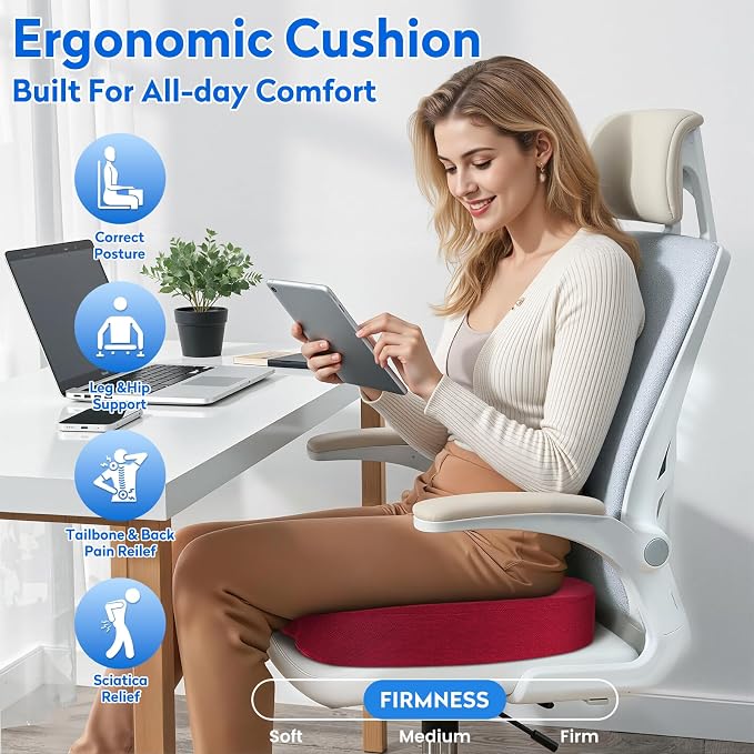 CushZone Seat Cushion, Office Chair Cushions, Car Seat Cushion, Non-Slip Sciatica & Back Coccyx Tailbone Pain Relief Chair Pad, Memory Foam (Red)
