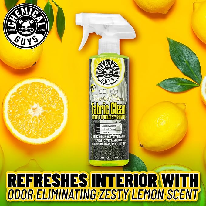 Chemical Guys Fabric Clean Carpet and Upholstery Cleaner Kit, 16 fl oz | With heavy duty nifty interior brush, citrus scent kit, fabric spray and interior brush combo kit, ready for immediate use