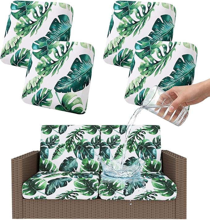 Smiry Waterproof Patio Cushion Covers, Stretch Outdoor Couch Slipcovers Replacement Washable Furniture Protector Sofa Chair Seat Cover for Dogs and Pets (4 Pcs, Green)