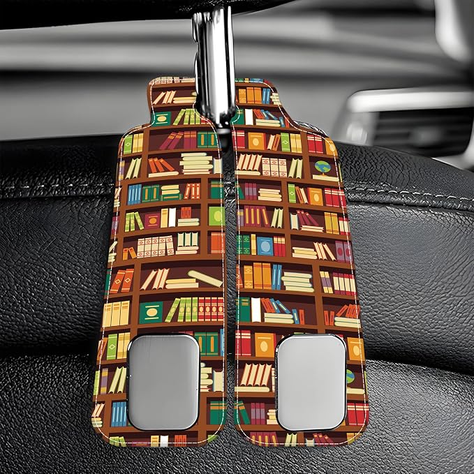Car Headrest Purse Hanger Vintage Library Book Shelf 1 Pack Bag Purse Holder for Car Premium Leather Double Metal Hook for Handbags, Grocery Bags and Phones