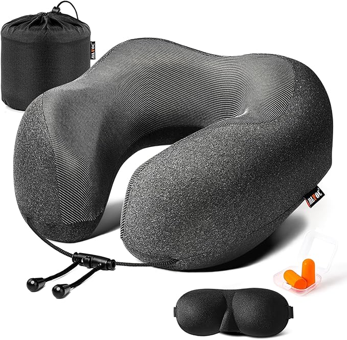 MLVOC Neck Pillow for Traveling, Upgraded 100% Pure Memory Foam Travel Neck Pillow for Airplane Flight Sleep, Breathable & Machine Washable Cover, Travel Kit with 3D Eye Mask, Earplugs & Bag, Black | Curved Neck & Chin Support, Rope Lock Fit, Memory Fo...