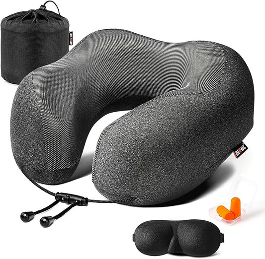 MLVOC Neck Pillow for Traveling, Upgraded 100% Pure Memory Foam Travel Neck Pillow for Airplane Flight Sleep, Breathable & Machine Washable Cover, Travel Kit with 3D Eye Mask, Earplugs & Bag, Black | Curved Neck & Chin Support, Rope Lock Fit, Memory Fo...