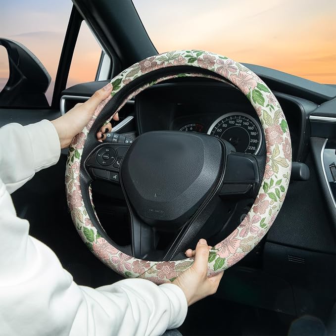 Retro Pink and Purple Flowers Steering Wheel Cover Auto Jacquard Steering Wheel Protector, Anti-Slip, Breathable, Absorbing Sweat, Universal Car Accessories 14.5–15 inch,Fit for Most Car, Trucks, SUV