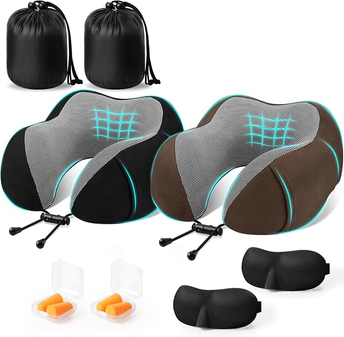 CloudBliss Travel Pillows for Airplane, 2 Pack Memory Foam Neck Pillows for Travel, Compact Neck Pillows for Long Flight Sleeping, Plane Accessories with Eye Mask, Earplugs, Storage Bag, Black & Brown