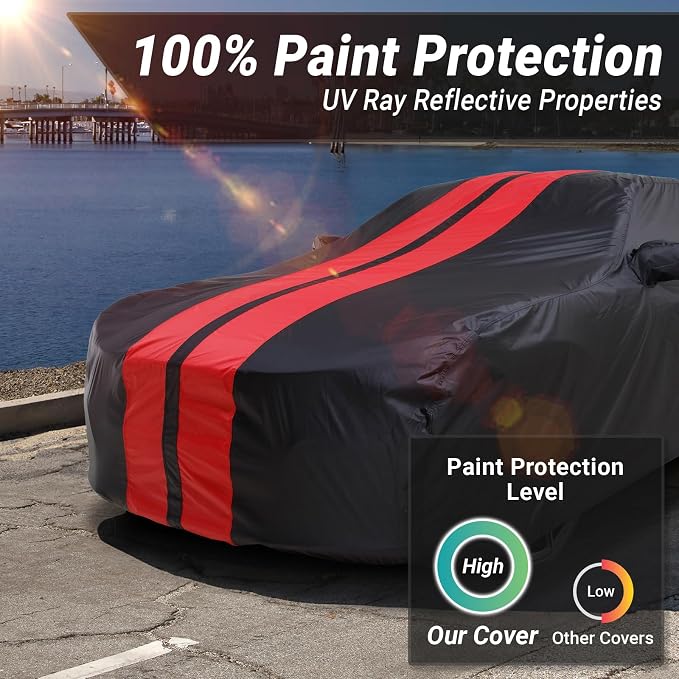 iCarCover Custom Car Cover Compatible with 1993-2002 Chevrolet Camaro STD, Z28, SS, Waterproof All Weather Rain Snow UV Sun Protector Full Exterior Indoor Outdoor Car Covers, Stripe (Black/Red)