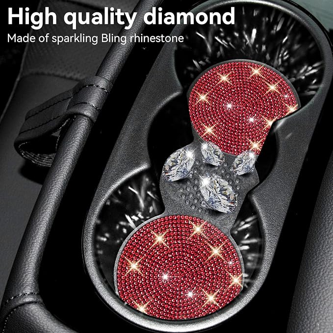SINGARO Bling Cup Holder Coasters for Car, 2PCS Universal Non-Slip Cup Holder, Embedded Decorative Coasters, Shiny Crystal Car Interior Accessories Gifts for Women (Red)