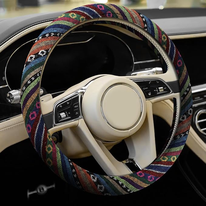 Boho Steering Wheel Cover, Ethnic Style Car Steering Wheel Cover Protector, Anti-Slip Flax Cloth Cover Universal Fits 14.5-15 Inch Steering Wheel, Interior Car Accessories(A Style)