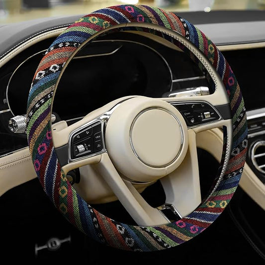 Boho Steering Wheel Cover, Ethnic Style Car Steering Wheel Cover Protector, Anti-Slip Flax Cloth Cover Universal Fits 14.5-15 Inch Steering Wheel, Interior Car Accessories(A Style)