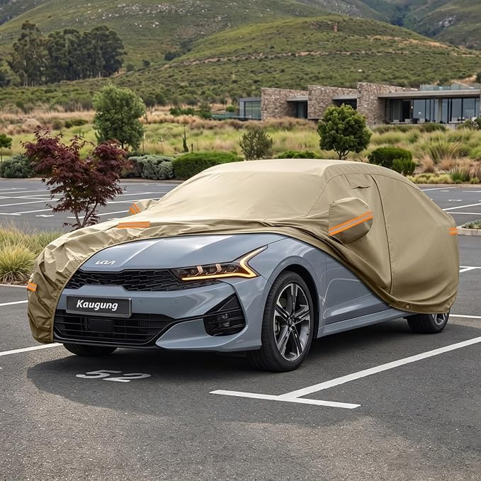 Kaugung Custom Fit Car Cover for Kia K5 (2020-2026) & Kia Optima (2000-2020), Heavy Duty All Weather Waterproof Outdoor Cover, Sun Rain UV Protection with Driver Door Zipper, Mirror Pockets & Vents