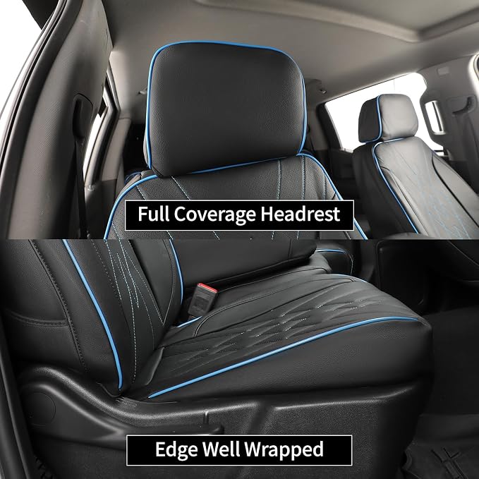 EKR Silverado Seat Covers Custom Fit for (Double Cab) 2019-2026 Chevrolet Silverado 1500/1500 Limited/HD 2500/3500, Rear Row W/No Armrest,Faux Leather (Black with Blue Trim)