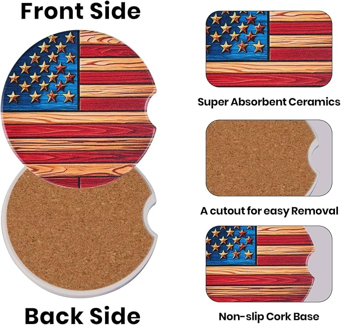 2 Pack American Flag Car Coasters for Men Women Car Cup Holder Coasters, 2.63 Inch Anti Slip Ceramic Absorbent Coaster with Cork Base and Finger Notch, Funny Car Accessories Interior