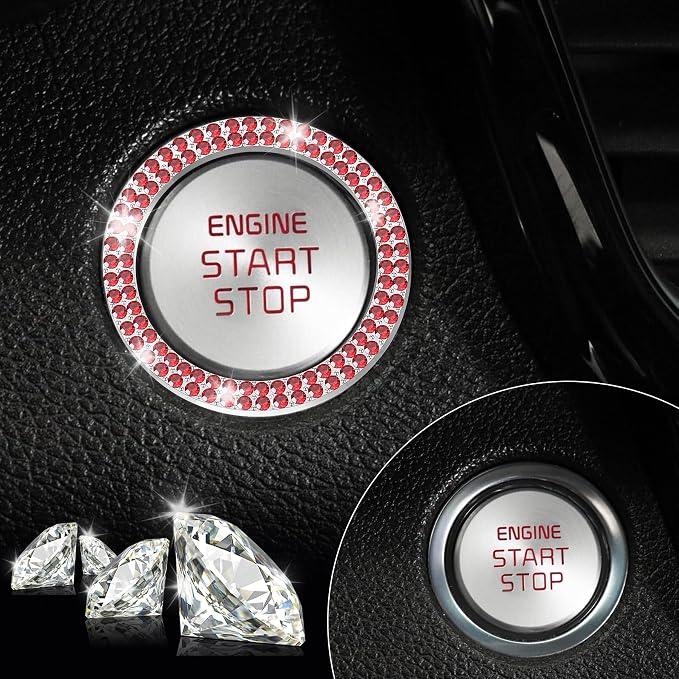 LivTee Car Engine Start Stop Decoration Ring, Crystal Double Rhinestone, Bling Car Interior Accessories for Women, Key Ignition & Knob Bling Ring, Push to Start Button Cover/Sticker, Red