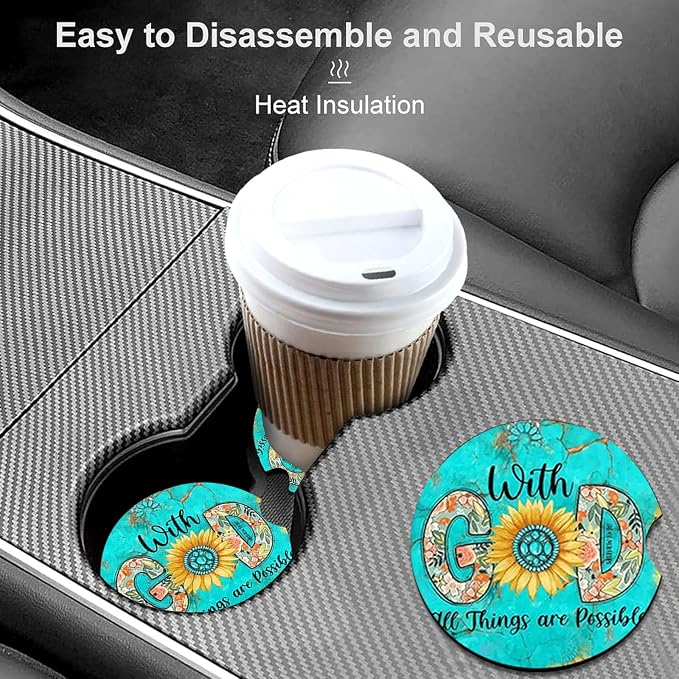 2 Pack Christian Encourage Car Cup Holder Coasters Universal Neoprene Mat | 2.75" Universal Size Anti Slip Rubber Mat, Auto Cup Holder Accessories for SUV Truck, Christian Gifts for Women Men Mom