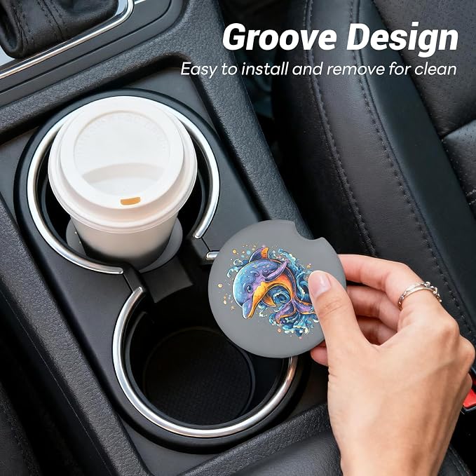 Car Cup Holder Ceramic Coasters 2 Pack, 2.56 in Anti Slip Absorbent Coaster with Cork Base and Finger Notch, Funny Cute Car Accessories Interior for Women, Whale