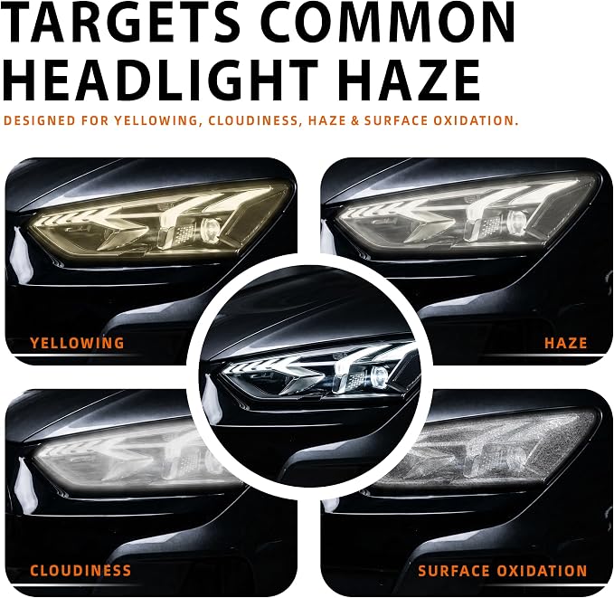 Headlight Cleaner Wipes Kit, 6 Wipes 2-Step Headlight Restorer for Cloudy Yellow Plastic Lenses, Removes Light Oxidation and Haze, No Sanding, Protective Coating for Cars