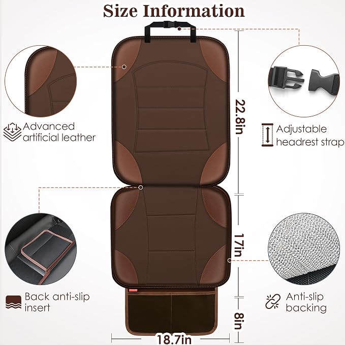 Sinvitron Car Seat Protector for Child Car Seat - Waterproof Non-Slip Leather Mat with 2 Mesh Pockets, Universal Seat Cover for Baby, Pets & Vehicles(2-Pack, Brown)