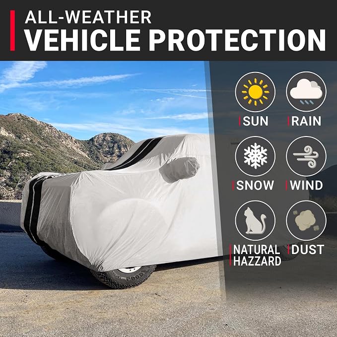 iCarCover Premium Heavy Duty SUV Car Cover - Waterproof All Weather Rain Snow UV Protection, Trax, 500L, 500X, Blazer S10 2-Door, HR-V, Wrangler, Size S55 (See Size Chart), Stripe - Light Gray/Black