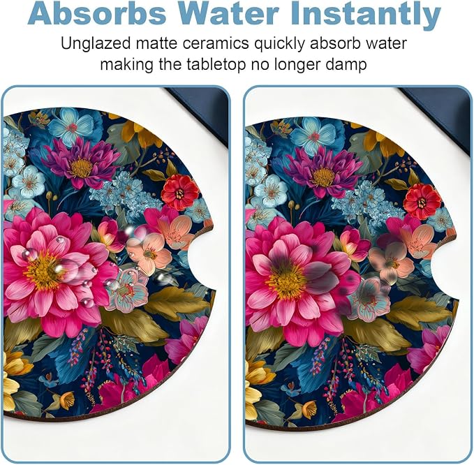 Car Cup Holder Coaster Set of 2, 2.56 in Ceramic Coasters, Scratch-Resistant Cork Backing, Finger Groove Design for Easy Placement, Cute Car Accessories Interior for Women (Colorful Flowers)