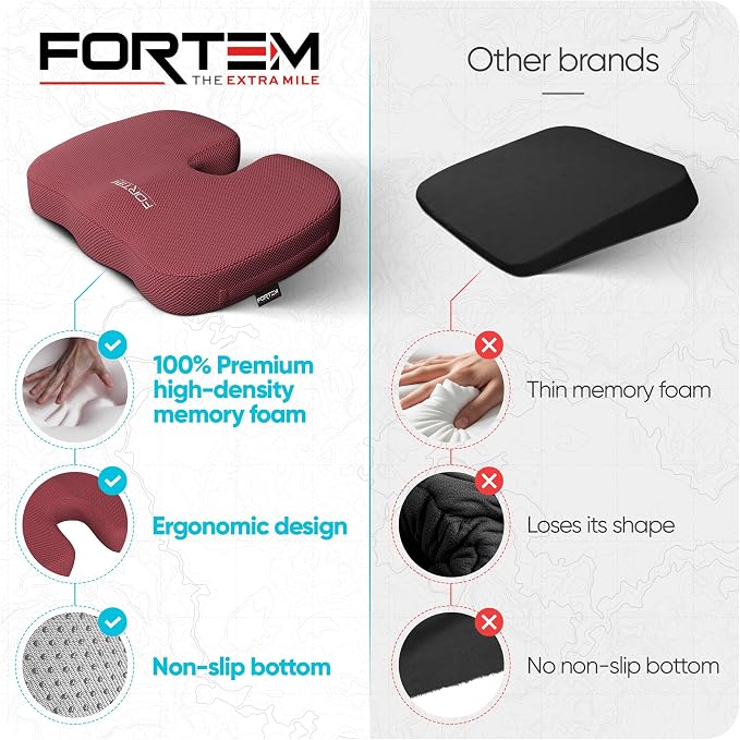 FORTEM Seat Cushion, Office Chair Cushion, Memory Foam Car Seat Cushions, Sciatica Coccyx Tailbone Pain Relief, Chair Cushions for Back Support, Sitting Pad for Gaming, Washable Cover, Non Slip