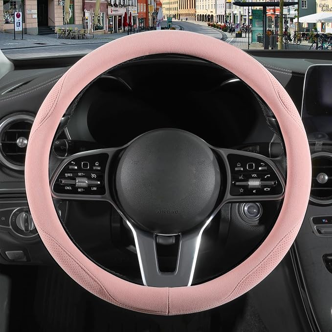 Pink Suede Steering Wheel Cover Small 13.5 inch to 14 inch | Warm in Winter and Cool in Summer, Felt Car Accessories, Breathable Non-Slip Sweat-Proof Wear-Resistant for Civic Prius