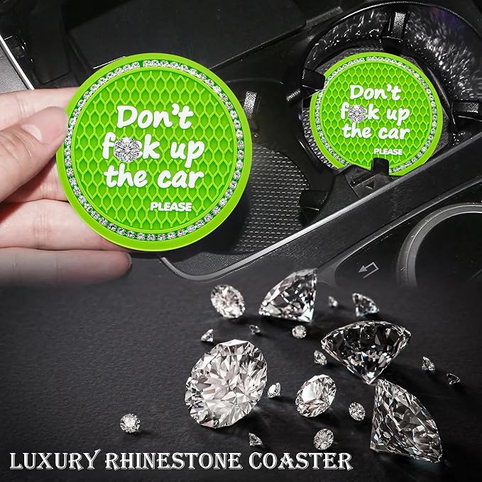 2PCS Bling Crystal Rhinestone Cup Holder Coaster – 2.75 Inch Anti-Slip Auto Insert Cup Coaster – Sparkling Interior Decor Accessories for Cars & Vehicles (Green & White)