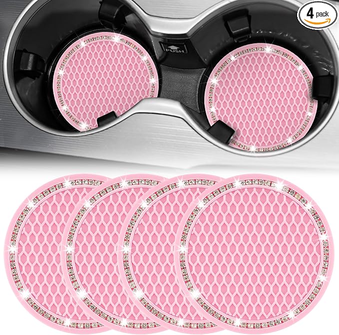 JUSTTOP Bling Cup Holder Coasters for Car,4PCS Universal Non-Slip Cup Holder,Rhinestone Decorative Coasters,Crystal Car Interior Accessories for Women(Pink)