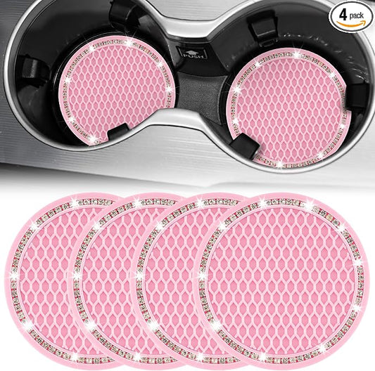 JUSTTOP Bling Cup Holder Coasters for Car,4PCS Universal Non-Slip Cup Holder,Rhinestone Decorative Coasters,Crystal Car Interior Accessories for Women(Pink)
