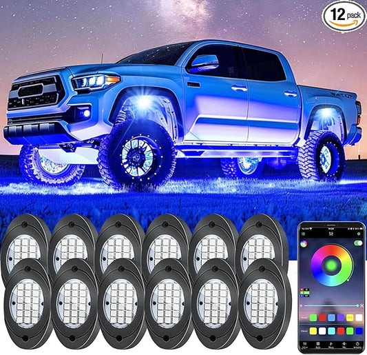 12 Pods RGB LED Rock Lights, Underglow Multicolor Neon Light Kit Wheel Well Light with APP Control & Music Mode, Under Glow Lights for Trucks,Jeep,SUV,Golf Cart,ATV,Pickup Off Road,12 V