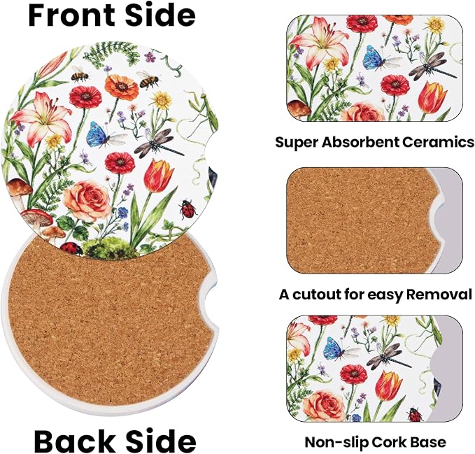 2 Pack Floral Car Coasters for Women Car Cup Holder Coasters, 2.63 Inch Anti Slip Ceramic Absorbent Coaster with Cork Base and Finger Notch, Cute Car Accessories Interior