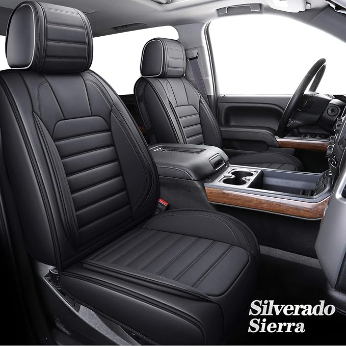 YIERTAI Truck Seat Covers for Chevy Chevrolet Silverado GMC Sierra Custom Fit 2007-2025 2026 1500/2500/3500 Trail Boss Z71 Crew Double Extended Cab Waterproof Leather(2 PCS Front only/Black)