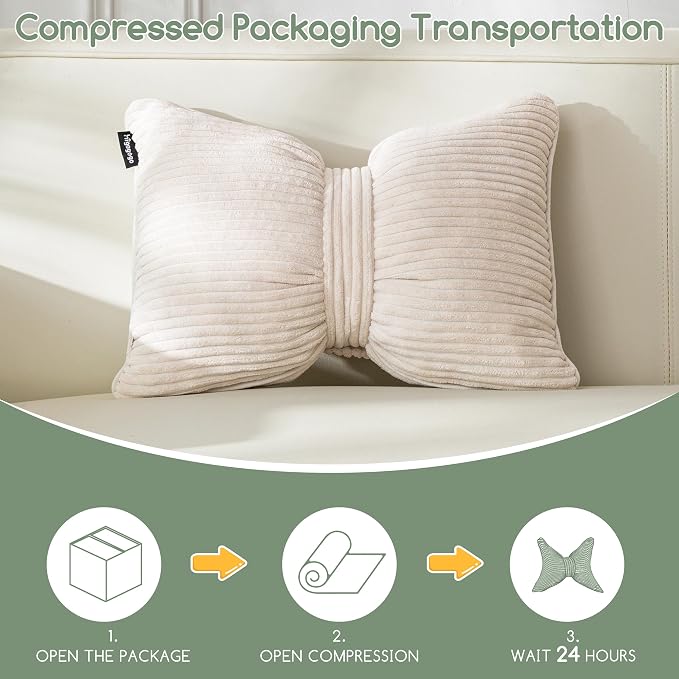 HIGOGOGO Lumbar Support Pillow for Recliner Chair, Bow Knot Shaped Back Support Cushion, Striped Corduroy Soft Decorative Lumbar Pillow for Office Chair, Sofa, Car, Bed, Living Room - Beige