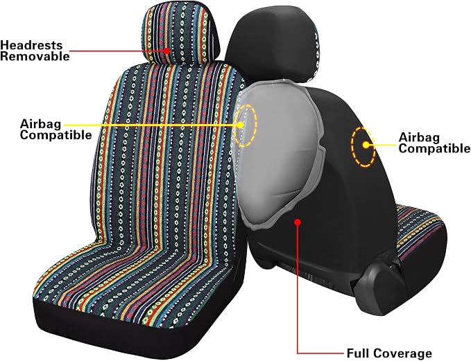 HAIYAOTIMES Baja Saddle Blanket Car Seat Covers Full Set with Seat Belt Pads, Washable Breathable Seat Covers for Cars, Universal Fit Interior Covers for Most Cars, Airbag Compatible, Red/Blue