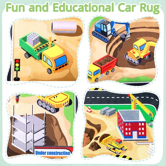 Kids Rug, 3x5 Ft Construction Play Rug for Kids | Extra Thick 0.4in Soft Construction Site Play Rug with Non-Slip Rubber Backing,Machine Washable for Bedroom & Playroom