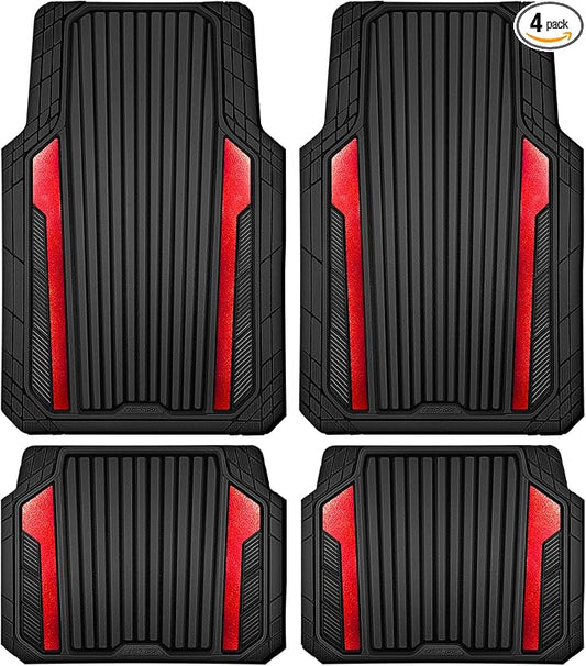 CAR PASS Heavy Duty Rubber Car Mats Metallic, Aluminum Film All Weather Floor Mats Waterproof Universal Trim to Fit Automotive SUV Sedan Van 4 Piece Anodized Deep Dish Two-Tone Sporty Black Red Chrome