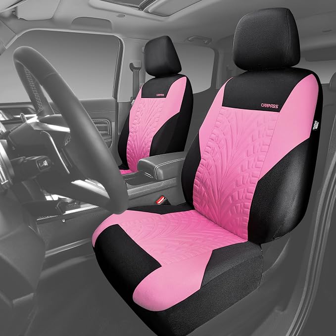 CAR PASS Car Seat Covers Two Front Only for Car, 3D Tyre Print Automotive Interior Covers, Airbag Compatible, Quick Setup Universal Fit Seat Covers for Car, Truck, SUV(Black and Pink)