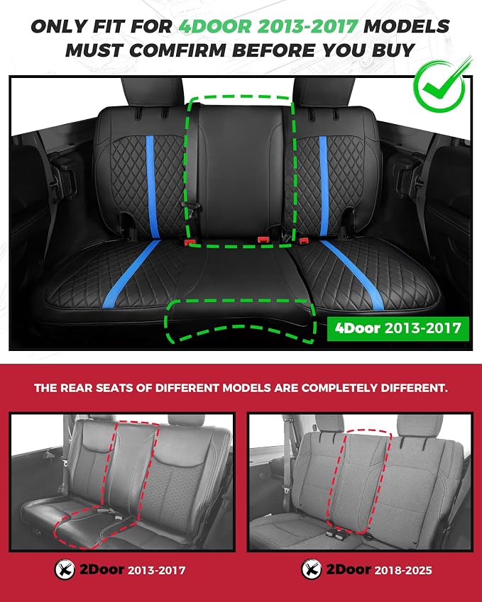 for Jeep Wrangler Seat Covers 4Door JK 2013 2014 2015 2016 2017, Custom Car Seat Cover Full Set, Luxury Leather Seat Protectors, Waterproof SUV Interior Cushions Accessories, Black Blue Trim