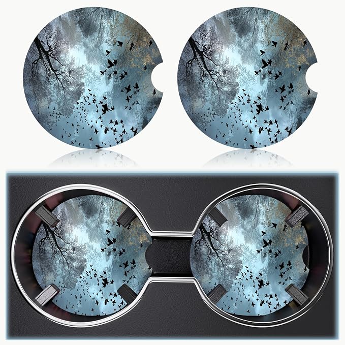 Car Cup Holder Coaster Set of 2, 2.56 in Ceramic Coasters, Scratch-Resistant Cork Backing, Finger Groove Design for Easy Placement, Cute Car Accessories Interior for Women (Blue Forest Bird)