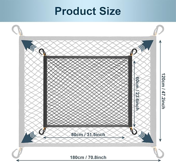 Elastic Cargo Net for SUV Trunk, 31.5"x23.6" to 70.8"x47.2", Gray | Stretches to 70.8"x47.2", high-density mesh, tool-free install with ABS hooks. Safe materials certified.