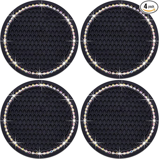 4PCS Bling Cup Holder Coaster, 2.75 Inch Auto Car Cup Holder Insert Coasters, Soft Silicone Anti-Slip Shockproof, Universal Vehicle Interior Accessories for Women Girls (Black & Colorful)