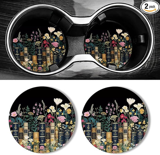 WOCOCN Car Coasters for Cup Holders - 2 Pack 2.75" Universal Rubber Car Cup Coaster, Non-Slip Waterproof Car Interior Accessories, Cute Car Decor Gifts for Women and Men (Books & Flowers)