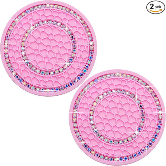 2PCS Bling Crystal Rhinestone Cup Coaster Insert, 2.75 inch Soft Silicone Anti-Slip Shockproof, Car Drink Holder Coaster, Universal Car Interior Accessories for Women (Pink & Colorful)
